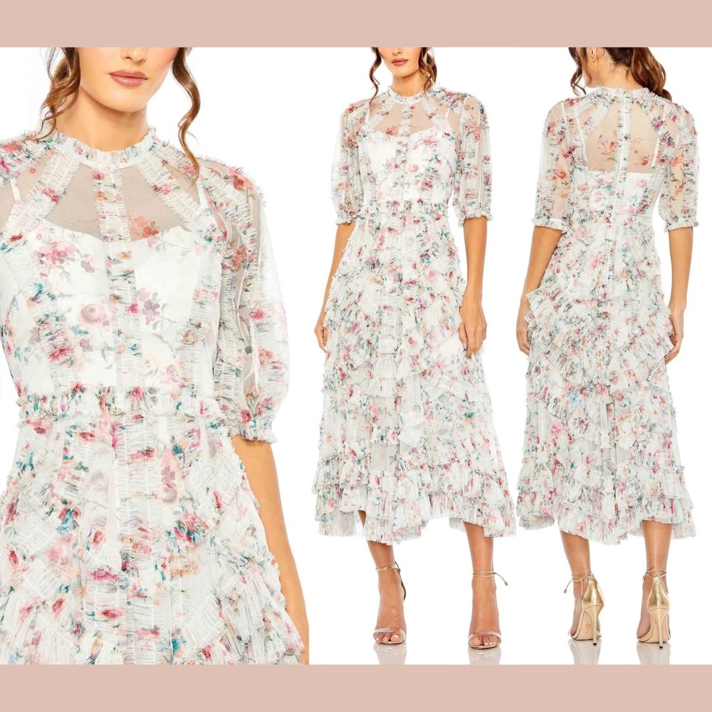 NWT Mac‎ Duggal [ 8 ] 8011 High Neck Mesh Puff Sleeve Floral Dress Ecru J2382